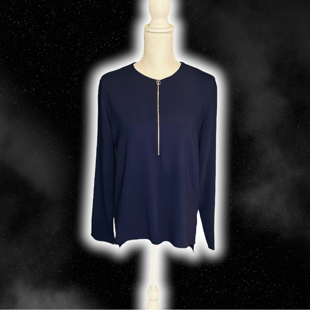 Stella Mccartney Navy Blue ‘Arlesa’ Silver Zip Up Long Sleeve Blouse Size 38